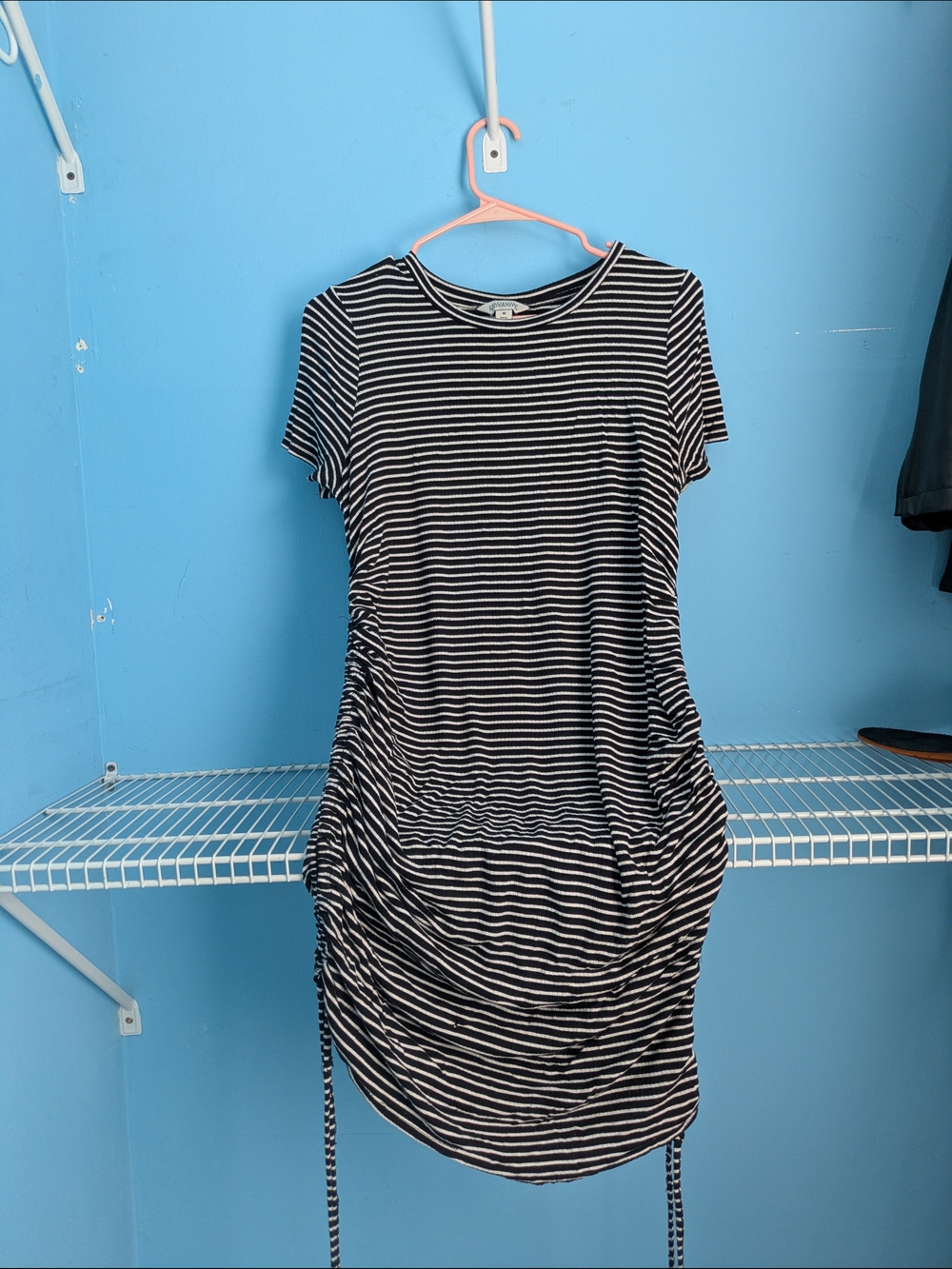 Destination Maternity Black and White Striped Ruched Midi Dress